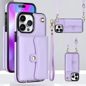 Casing ponsel kulit PU untuk iPhone dan Samsung, casing ponsel kulit PU, casing dompet tempat kartu, tali bahu dapat dilepas, casing ponsel selempang