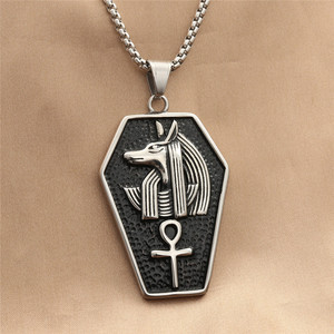 Men's Stainless Steel Hexagon Pendant Necklace With Dog <b>Head</b> And Ankh Symbol Punk Retro <b>Style</b> - Product Image 1
