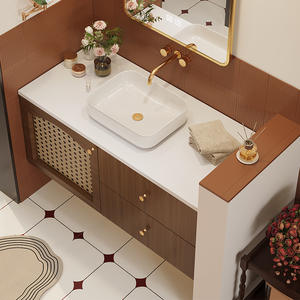 Mueble de baño con espejo redondo pintado en color nogal, estilo chino, de madera maciza, modelo 2026, con lavabo integrado. - Product Image 4