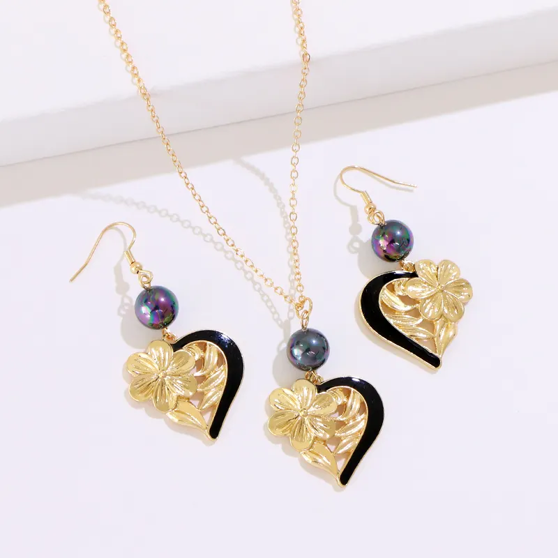 Komi Hawaiian pearl necklace earrings set wholesale black enamel gold plated heart flower shaped jewelry set
