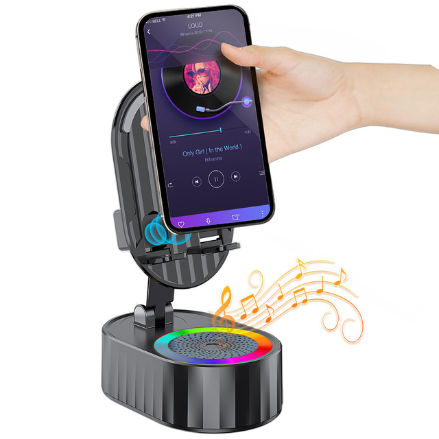 Wireless Induction NFC Speaker with Phone Stand & Power Bank 3-in-1 5W Automatic Sensing RGB LED Light for Computer