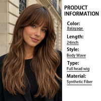 Perruque synthétique longue ondulée châtain brun avec mèches blondes, frange fine, résistante à la chaleur, ligne de cheveux naturelle, sans colle, ajustable