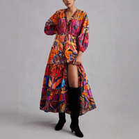 Robe longue d'été fluide pour femme, style bohème tropical, imprimé floral patchwork, manches lanternes, taille haute, à nouer, à volants étagés, pour les vacances à la plage