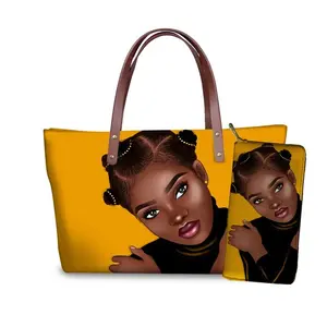 2件/套单肩包女性黑色艺术非洲女孩印花钱包和手提包女士大号手提包女性沙滩包顶部提手包