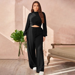 Autumn Winter 2-Piece <b>Set</b> for Women Comfortable Slimming <b>Knitting</b> Sports Top Shorts Solid Color Loose Casual Style Size 3XL - Product Image 1