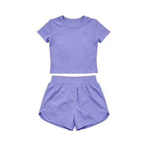 GSSO3771 Ensemble de yoga personnalisé pour petite fille active, jupe unie cyan, tenue d'été à manches courtes pour enfants - Product Image 3