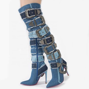 Custom Metal Belt Buckles Women Over Knee High Boots Slim Heels Denim Long <b>Booties</b> Sexy Punk Blue Stiletto Dress Shoes - Product Image 5