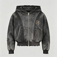 Dirty Spray Streetwear Sweat à capuche zippé gris foncé, délavé vintage, patchwork vieilli, coupe épaisse, avec bordure côtelée, pour homme
