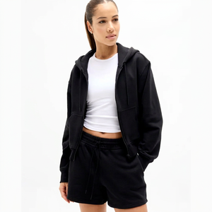 Sweat-shirt à capuche court noir en molleton bouclette coupe droite unisexe, couleur unie, respirant, tricoté, pour l'été, 100% coton - Product Image 1