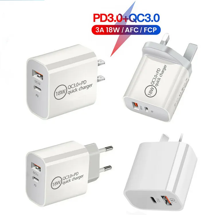 18W 3A PD Type-C QC3.0 USB Fast Charger Mobile Phone US UK EU AU Plug Adapter For iPhone 12 Samsung Oneplus HTC Xiaomi USB C