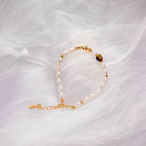 Minimalist Women's Fashion Jewelry-Delicate Rice <b>Pearl</b> <b>Bracelet</b> with Adjustable Tiger Eye Stone Chain Ball Shape for Gifts - Product Image 1