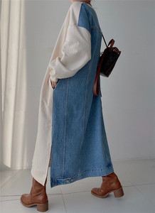 2025 coreano Patchwork Demin Dress oversize lungo T Shirt Modulare ampio ampio abiti con cappuccio Casual felpa abito da donna - Product Image 6