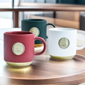 Striped <b>Ceramic</b> Mug With Gold Plated Badge Minimalist Design For Everyday Use - Product Image 1