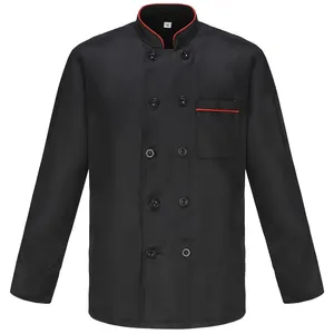批发促销时尚设计酒店餐厅制服黑白主厨外套双线纽扣夹克