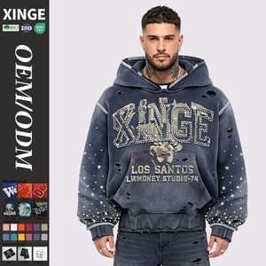 Fabricante de Sudaderas con Capucha Oversize de Estilo Urbano, con Letras de Pedrería, Efecto Desgastado, de Gramaje Pesado y Lavado Vintage, para Venta al por Mayor - Product Image 1