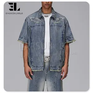 LARSUR 맞춤형 의류 제조업체 지퍼 조난 워시 아플리케 박힌 데님 짧은 소매 셔츠 남성용 청바지 재킷 셔츠