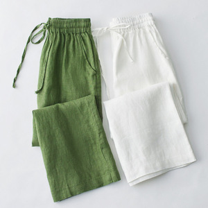 Pantalon large décontracté en lin et coton pour femme, pantalon d'été en lin amincissant à taille élastique avec liens, pantalon droit grande taille - Product Image 1