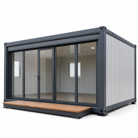 Maison conteneur préfabriquée à ouverture latérale, mur frontal entièrement vitré, cabine portable pour bureau, espace de vie et hébergement sur chantier