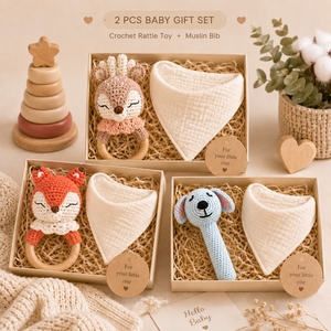 Hochet animal en crochet en coton unisexe, hochets et <span class=keywords><strong>anneaux</strong></span> <span class=keywords><strong>de</strong></span> <span class=keywords><strong>dentition</strong></span> en bois <span class=keywords><strong>de</strong></span> hêtre pour bébé, ensemble cadeau <span class=keywords><strong>de</strong></span> naissance pour nouveau-né - Product Image 1