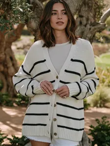 <span class=keywords><strong>Cardigan</strong></span> Casual Feminino Blubelle 100% Algodão Tricotado com Decote em V Listrado Moda Outono Inverno Respirável Longo Solto - Product Image 5