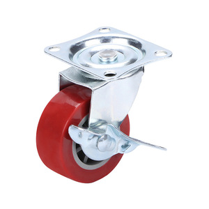 Red Pu Swivel Caster With Side Brake Plate Mount 2 Inch For Furniture Industrial Use - Product Image 4
