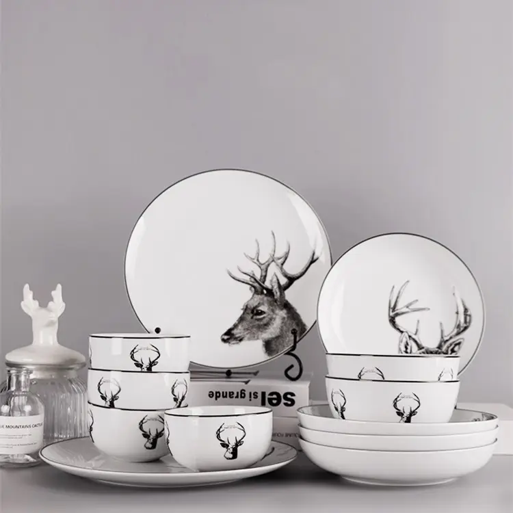 Conjunto de tigelas de porcelana 16 peças, conjunto de jantar doméstico para fornecedor 2020 nova ideia eua, louças de jantar em massa/personalizado preto/branco ab grade