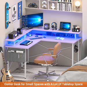 Small Spaces Carbon Fiber Purple L-Shaped <strong>Computer</strong> <strong>Desk</strong> with LED Lights Power Outlets for Home Office Study Work Gaming Bedroom - Product Image 4