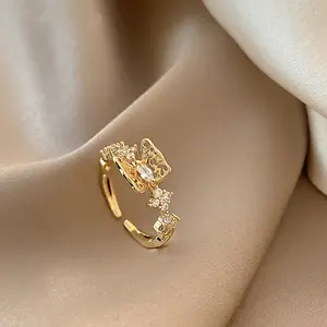 Korean Adjustable Small Cute Pearl Rings Jewelry Ladies Hollow Out Open Bowknot Gold Finger Ring