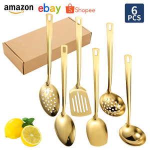 6Pc Gold Plated Stainless Steel Kitchen Utensil <b>Set</b> Spatula Soup Ladle Strainer Cooking Tools Gift <b>Set</b> - Product Image 5
