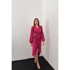 Vestido de Fiesta de Satén Fucsia al por Mayor, Cuello en V, Cintura Imperio, Estilo Simple para Eventos Formales, Bodas y Fiestas, Tallas de la XS a la XL - Product Image 4