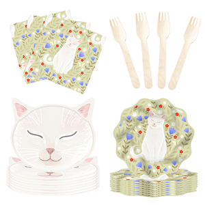 DAMAI Nuevo Juego de Platos, Vasos y Servilletas Desechables de Papel con Diseño de Gato Blanco y Ondas Verdes - Product Image 2