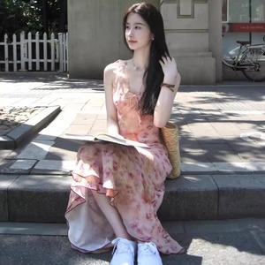 French Style Sweet Pink Floral Print Sundress <b>Elastic</b> Waist Tie Neck Sleeveless Long Dress For Leisure Summer Wear - Product Image 3
