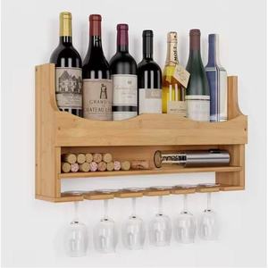 Estante de vino de madera para montar en la pared, de pino, de 1 nivel, con soporte para copas, para almacenamiento y exhibición en la cocina del hogar. - Product Image 1