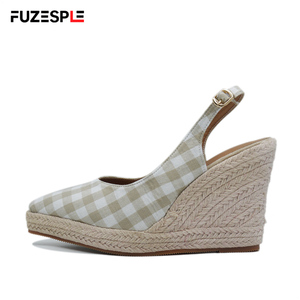 Nuove Scarpe Estive da Pescatore per Donna, Sandali con Zeppa in Tela a Quadri, Punta Affusolata, Sexy, Retrò, Espadrillas Slip-On 10cm - Product Image 2