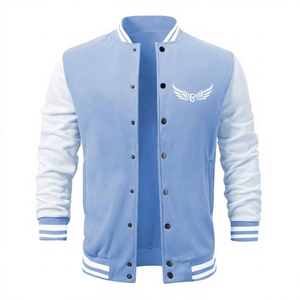 Veste universitaire bleu clair pour homme, décontractée, avec logo brodé ailes, coupe classique, col rabattable, mélange polyester-coton - Product Image 1