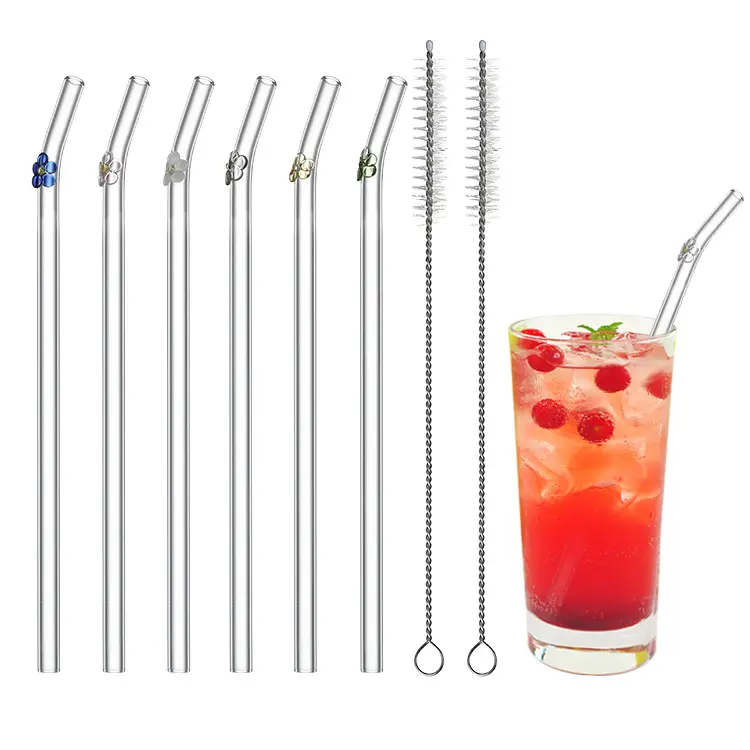 Fleurs colorées réutilisables marguerite à boire Tube personnalisé Party Favors Bar Accessoires Art Cocktail Paille en verre avec brosse de nettoyage