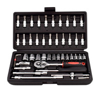 Kit d'outils de mécanique automobile OEM 46 pièces, clés à cliquet 1/4" CR-V, douilles, clés à molette, coffret rigide, en stock