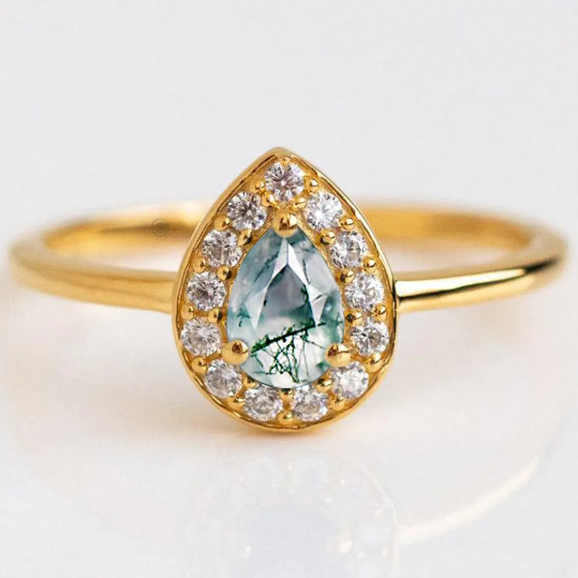 Vintage S925 14K Rose Gold Plated White CZ Jewelry Natural Green Moss Agate Ring Best Style Factory Ring