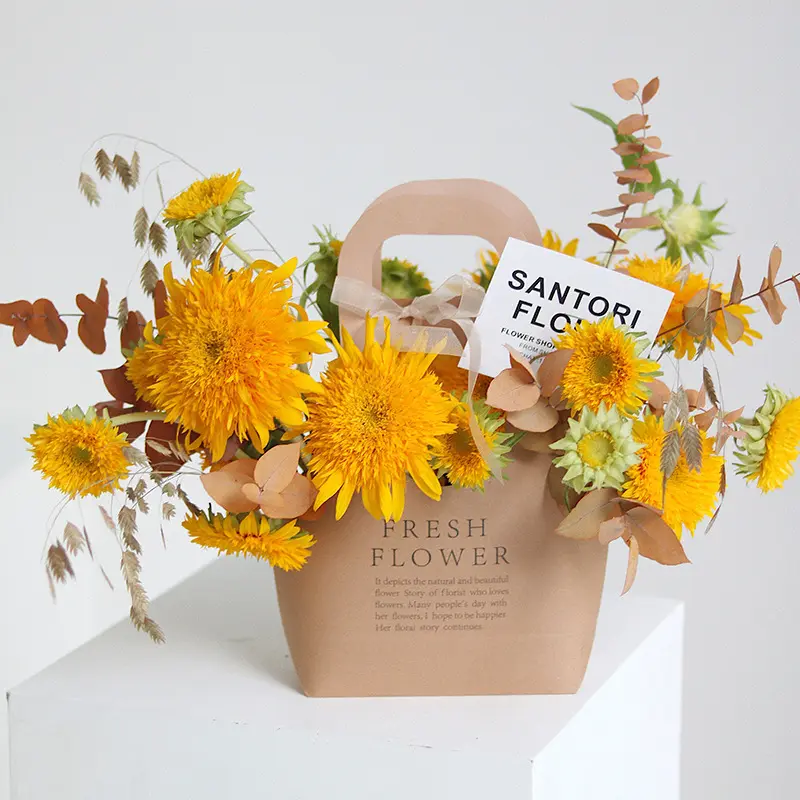 Çiçek hediye taşınabilir kraft kağıt torba su geçirmez taşınabilir karton çiçek buket sepet tutucu ambalaj çanta kutusu için çiçek
