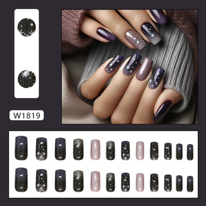 Uñas Postizas Cuadradas con Diseño de Ojo de Gato, Color Morado Plateado Brillante, Decoración de Uñas con Estrellas, Medianas, Hechas a Máquina, 24 Piezas, Uñas Cuadradas con Purpurina - Product Image 2