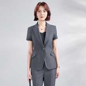 Women's Short Sleeve Business Suit Set Gray <b>Wool</b> Blend Anti-Wrinkle Office Lady Workwear Formal Attire Interview Uniform - Product Image 2