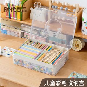 Transparent Double Layer Pen Storage Box Plastic Square Desktop Organizer For Office Supplies With Lid And Handle - Product Image 2