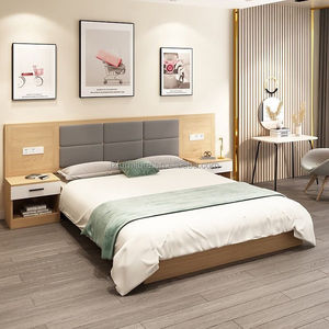 Budget Friendly 3 Star Hotel Suite Bedroom Furniture Set Wood <b>Platform</b> <b>Bed</b> <b>Frame</b> With Fabric Padded Wall Panel And Nightstands - Product Image 2