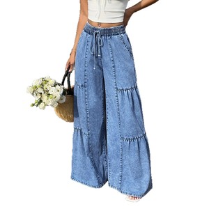 <span class=keywords><strong>Jeans</strong></span> a Gamba Larga da Donna <span class=keywords><strong>con</strong></span> Coulisse <span class=keywords><strong>in</strong></span> <span class=keywords><strong>Vita</strong></span>, Denim Lavato Effetto Usurato, Vestibilità Ampia, Pantaloni Casual - Product Image 5