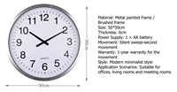 Horloge murale circulaire en métal de 20 pouces, horloge à quartz domestique, montre murale, mouvement silencieux, mouvement d'horloge à quartz