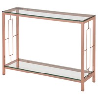 Table console moderne pour canapé avec plateau en verre transparent et motif géométrique nickelé