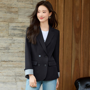 Women's Blazer Gray Double Breasted Fitted Waist Solid Color Polyester Anti Wrinkle Spring Autumn Wear - Product Image 3