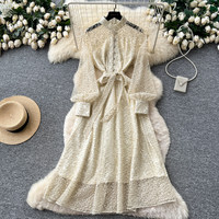 Robe élégante pour femmes WIWT, beige, en dentelle, col montant, manches longues, coupe évasée, décontractée, avec ceinture à la taille, pour un usage quotidien, robes pour femmes