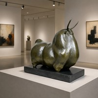 Statue de taureau en bronze moderne sur mesure sur socle en marbre - Finition vert-brun, entièrement adaptée aux spécifications, sculpture en bronze