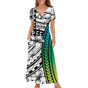 Vestido tribal havaiano feminino de manga curta, vestido maxi casual casual com bolsos, ideal para mulheres, ideal para uso em bolsos